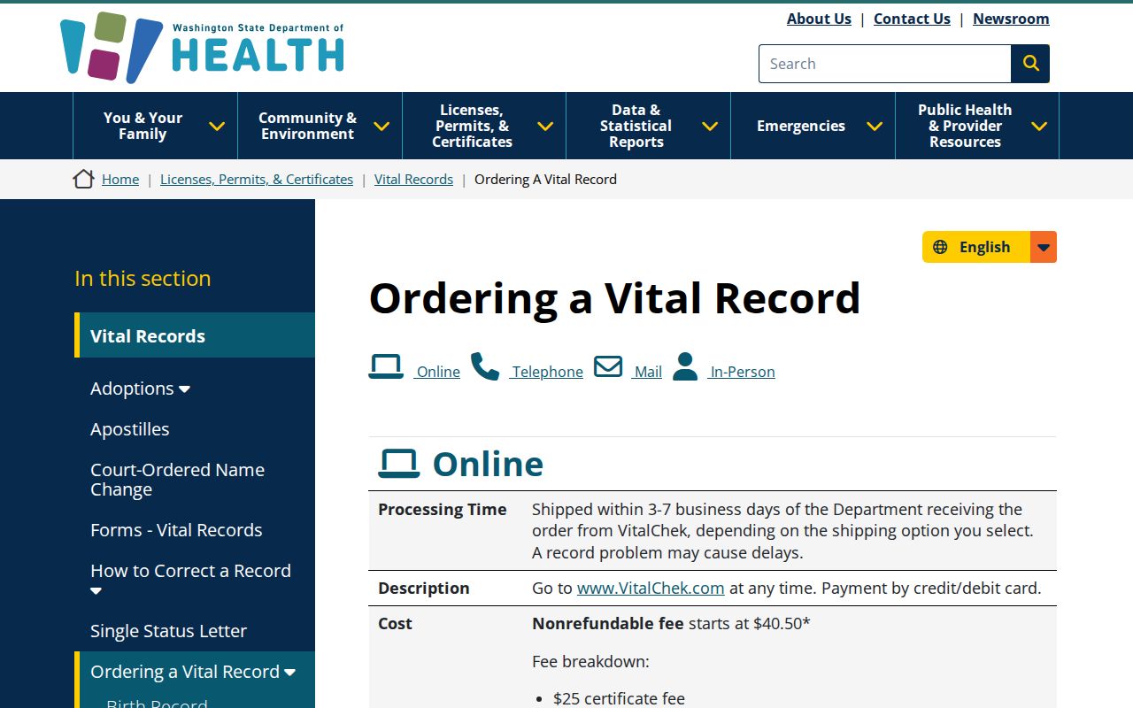 Yakima County public records vital certificate order options