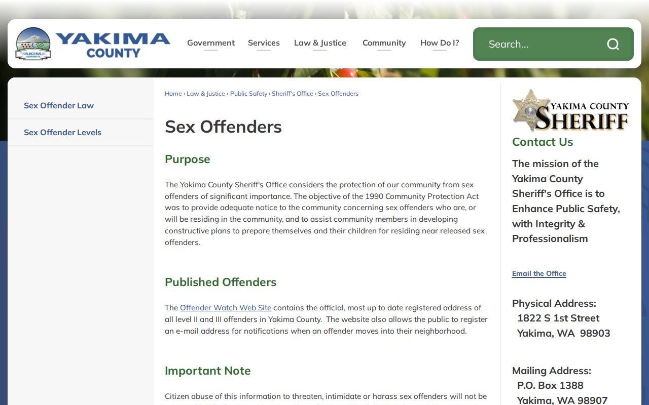 Yakima County public records OffenderWatch access page