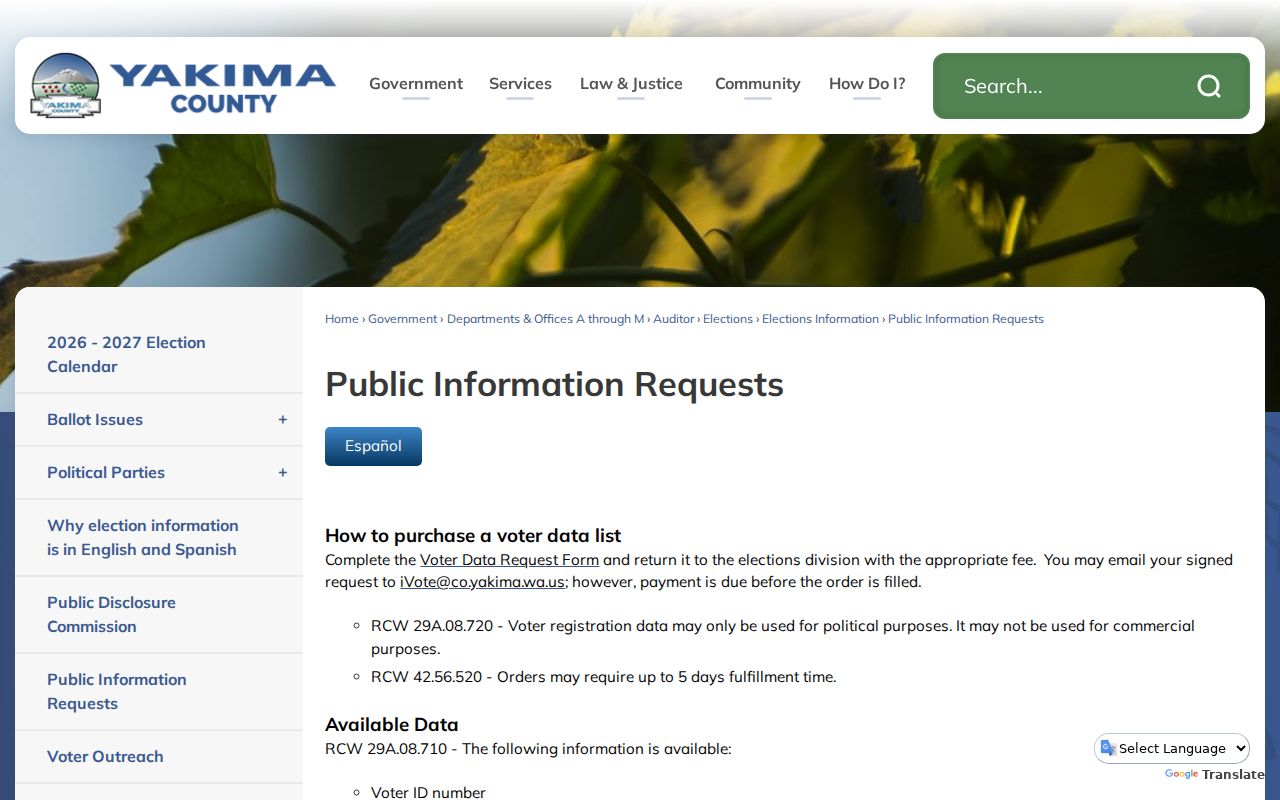 Yakima County voter records request options and fees